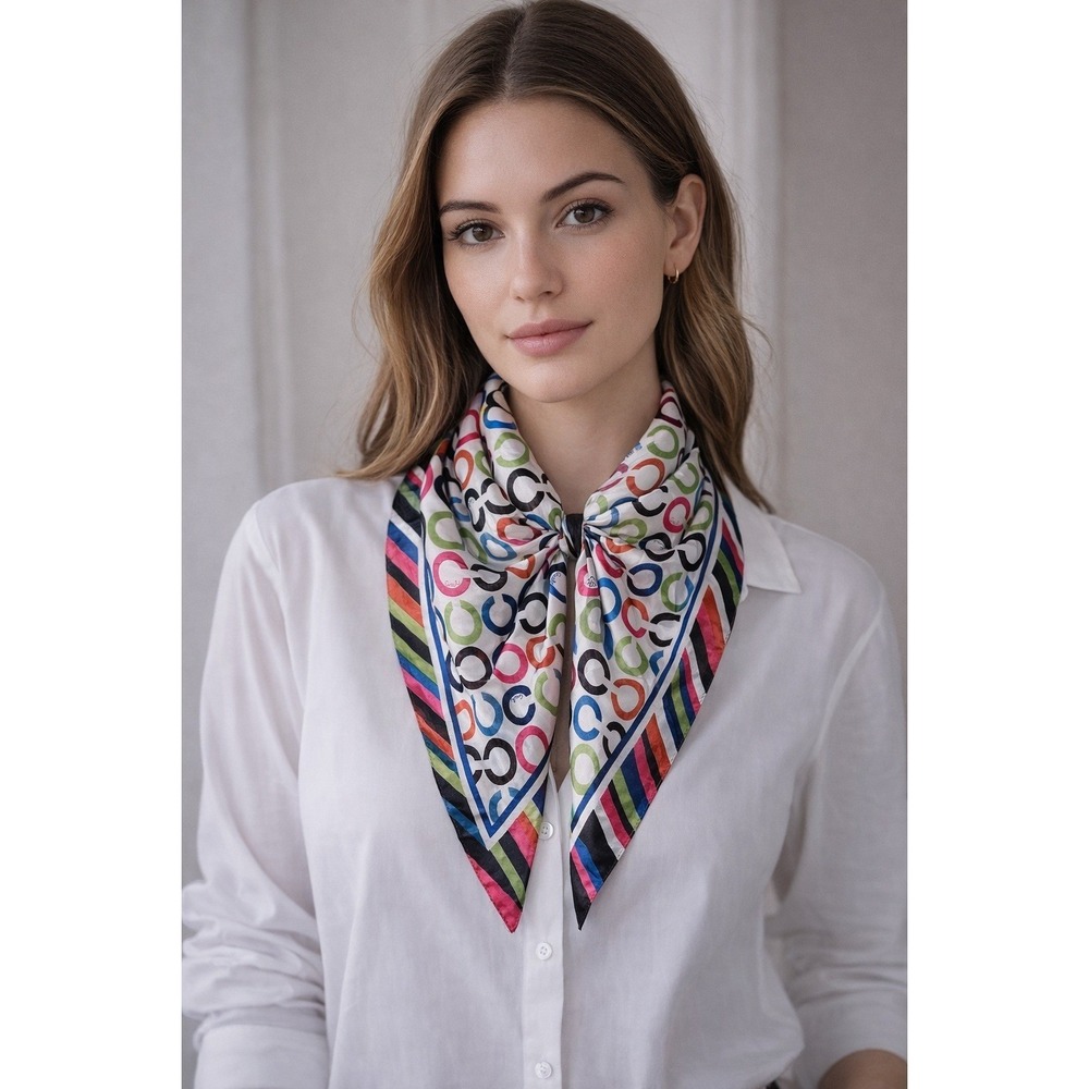 Coach Signature C Logo Silk Scarf Bandana Multicolor Stripe Print Square